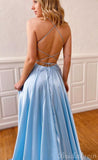 A-line Light Blue Spaghetti Straps Simple Modest Long Evening Prom Dresses PD225