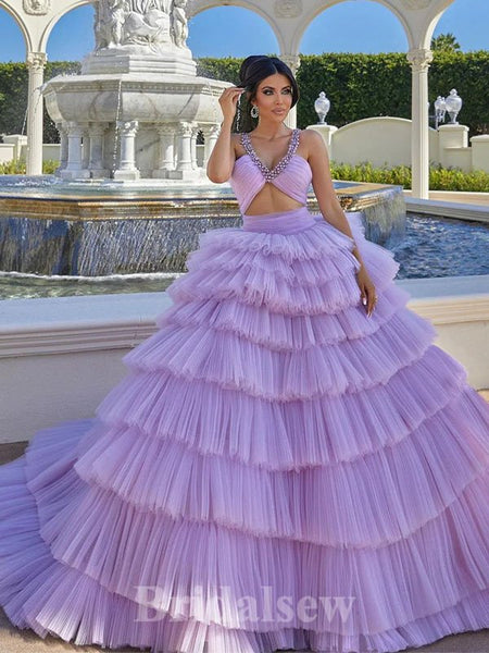 A-line Lilac Tulle Deep V-Neck New Best Modest Elegant Long Women Evening Prom Dresses Y5566