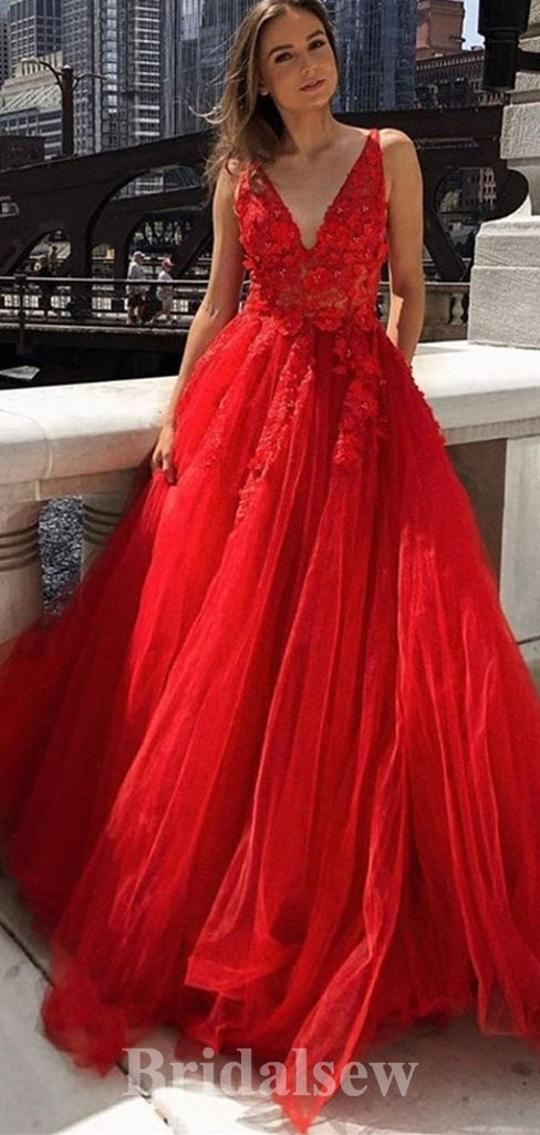 A-line Long Red Lace Appliques Tulle Modest Princess Party Prom Dresses, Ball Gown PD1181