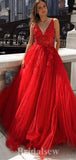 A-line Long Red Lace Appliques Tulle Modest Princess Party Prom Dresses, Ball Gown PD1181
