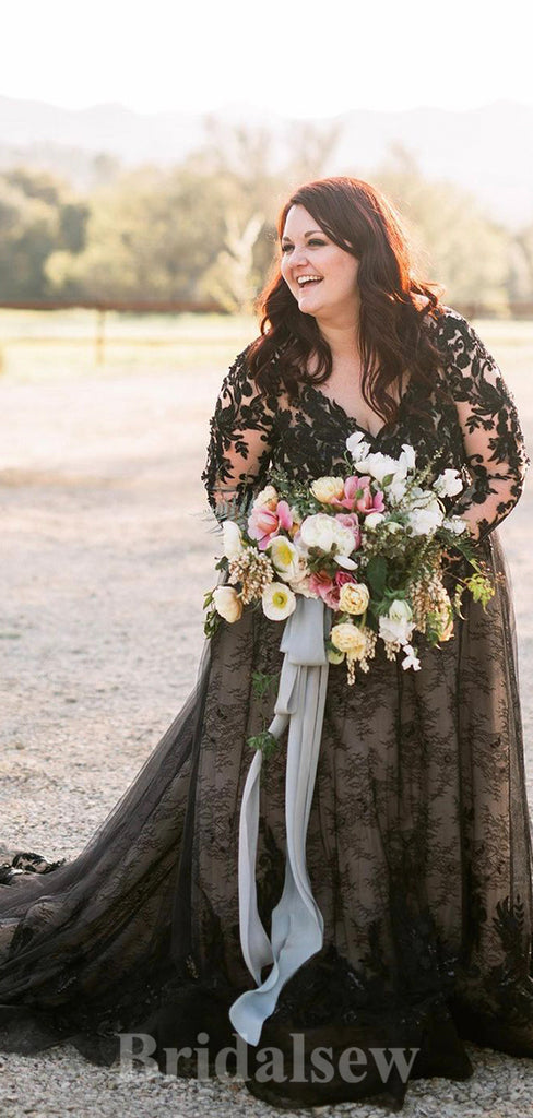A-line Long Sleeves Black Lace Unique Gorgeous Vintage Dream Beach Elegant Long Wedding Dresses, Bridal Gown WD460