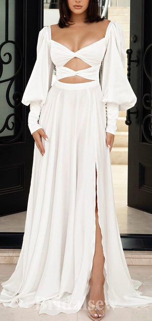 A-line Long Sleeves Chiffon Simple Modest Long Evening Prom Dresses, PD1221