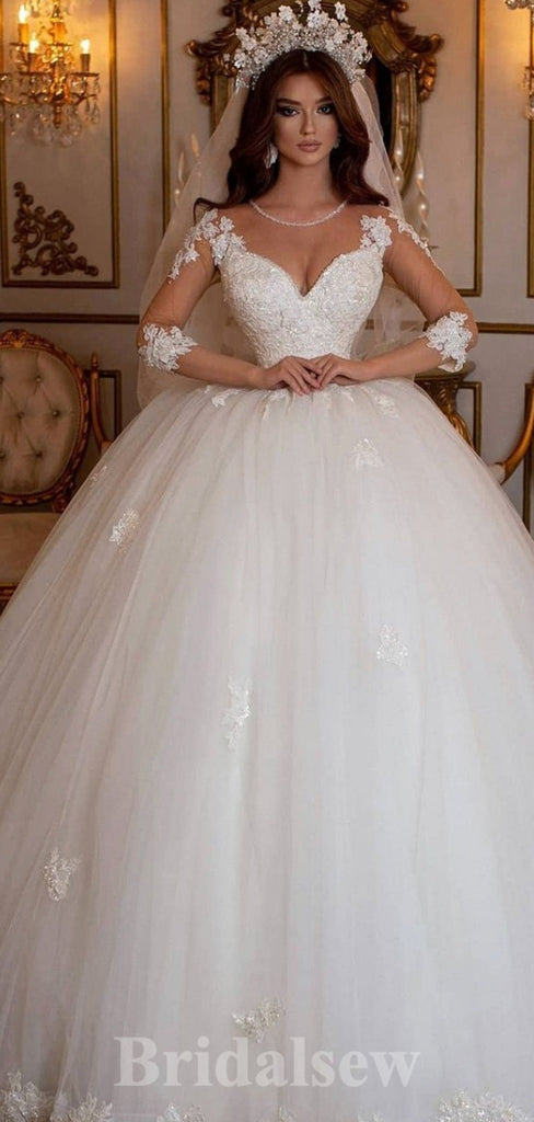 A-line Long Sleeves Lace Elegant Vintage Dream Beach Long Wedding Dresses, Bridal Gown WD480