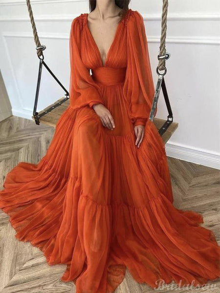 A-line Long Sleeves Light Burnt Orange Modest Prom Dresses PD018 – bridalsew