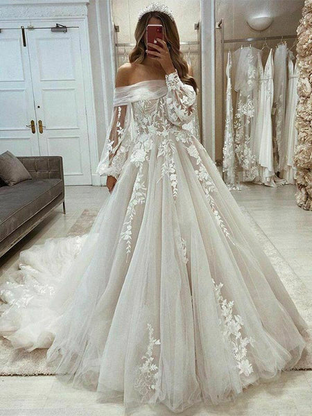 A line Long Sleeves Tulle Fairy Vintage Garden Beach Long Wedding