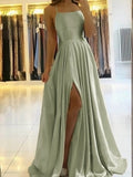 A-line Modest Custom Spaghetti Straps Sage Long Prom Dresses PD135