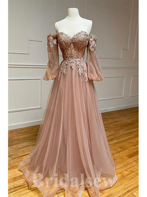 A-line Modest Unique Giltter Long Sleeve Elegant Long Women Evening Prom Dresses PD857