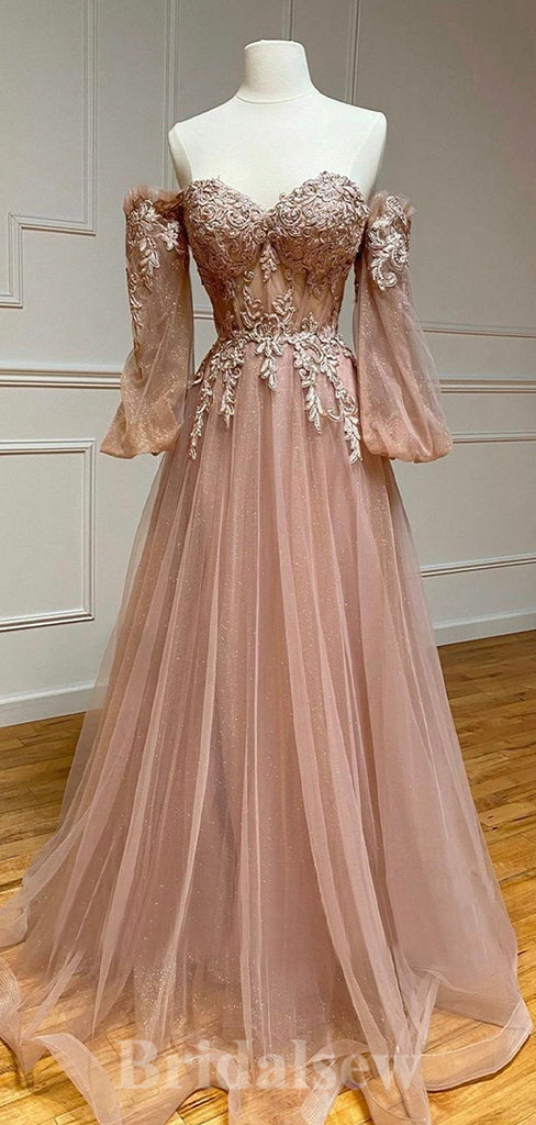 A-line Modest Unique Giltter Long Sleeve Elegant Long Women Evening Prom Dresses PD857