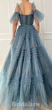 A-line Modest Unique Tulle Off the Shoulder Elegant Long Evening Prom Dresses PD1216
