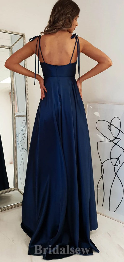A-line Navy Blue Spaghetti Straps Simple Elegant Long Party Evening Prom Dresses PD1283