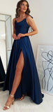 A-line Navy Blue Spaghetti Straps Simple Elegant Long Party Evening Prom Dresses PD1283