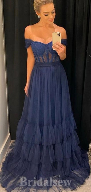 A-line Navy Blue Unique Off the Shoulder New Best Modest Elegant Long Women Evening Prom Dresses PD903
