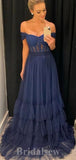 A-line Navy Blue Unique Off the Shoulder New Best Modest Elegant Long Women Evening Prom Dresses PD903