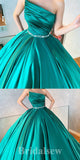 A-line New Long Green Satin Modest Princess Party Prom Dresses, Ball Gown PD1180