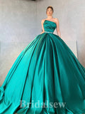 A-line New Long Green Satin Modest Princess Party Prom Dresses, Ball Gown PD1180