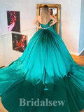 A-line New Long Green Satin Modest Princess Party Prom Dresses, Ball Gown PD1180