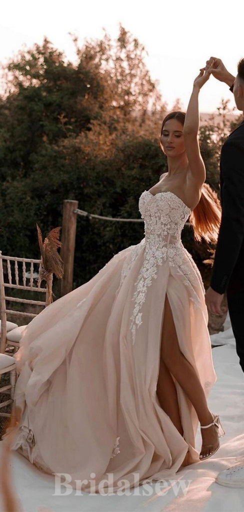 A-line New Popular Elegant Strapless Slit Vintage Dream Beach Long Wedding Dresses, Bridal Gown WD473