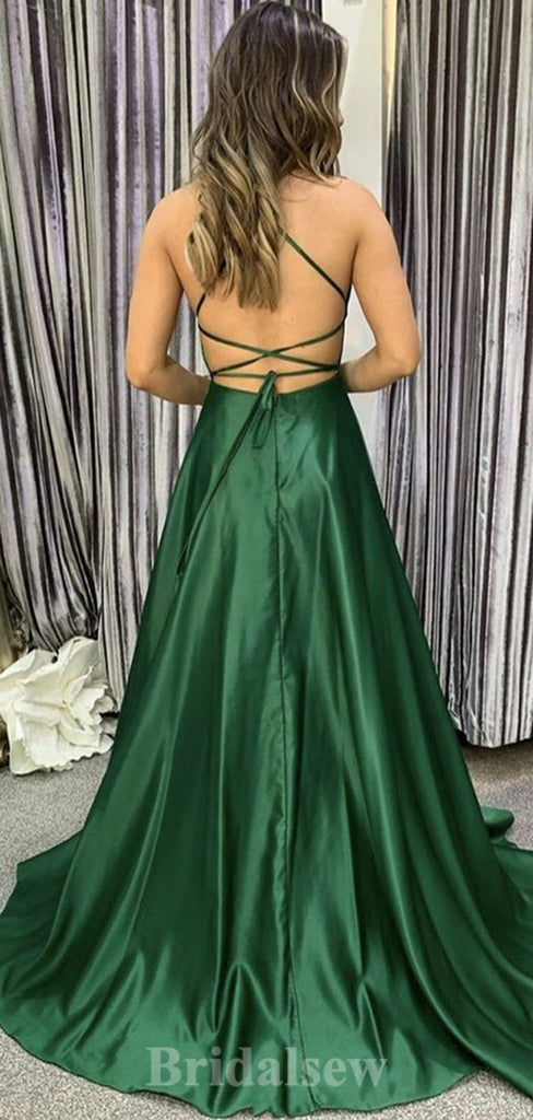 A-line New Spaghetti Straps Green Modest Long Party Evening Prom Dresses PD1343