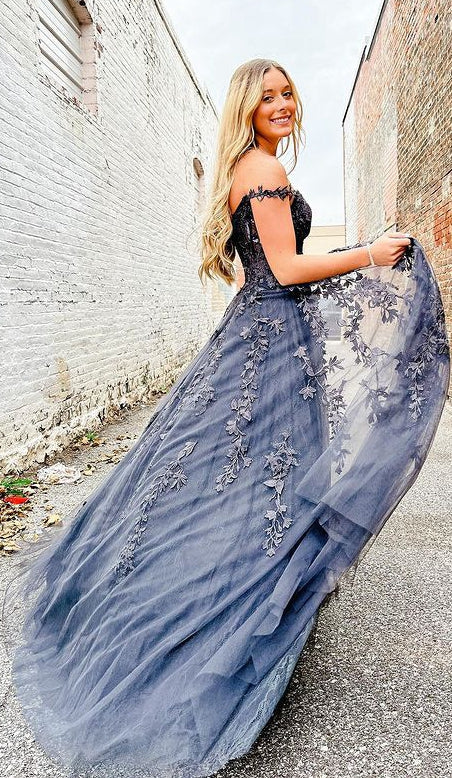 A-line Off the Shoulder Lace Appliques Unique Long Evening Party Prom Dresses PD237