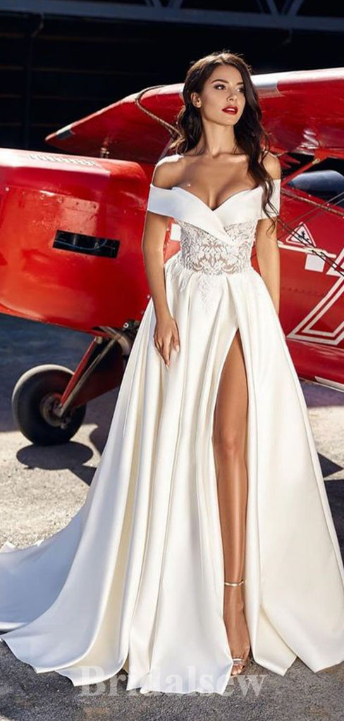 A-line Off the Shoulder New Satin Vintage Dream Beach Long Wedding Dresses WD524