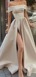 A-line Off the Shoulder Satin Side Slit Long Evening Prom Dresses PD140