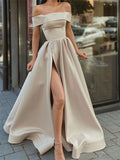 A-line Off the Shoulder Satin Side Slit Long Evening Prom Dresses PD140