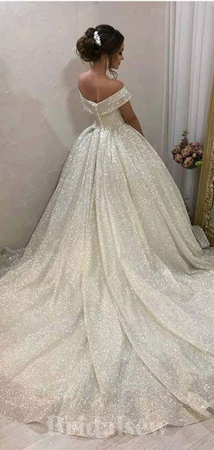 A-line Off the Shoulder Sequin Giltter Gorgeous Vintage Dream Beach Long Wedding Dresses, Bridal Gown WD469