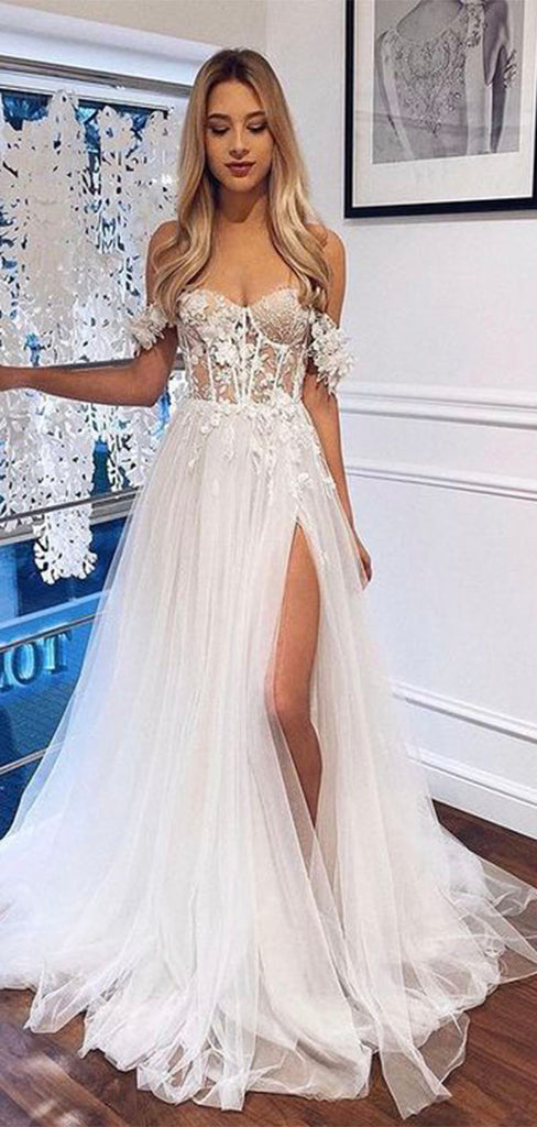 A-line Off the Shoulder Tulle Lace Vintage Beach Long Wedding Dresses WD161