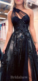 A-line One Shoulder Elegant Glitter Modest Slit Long Party Evening Prom Dresses, PD1267