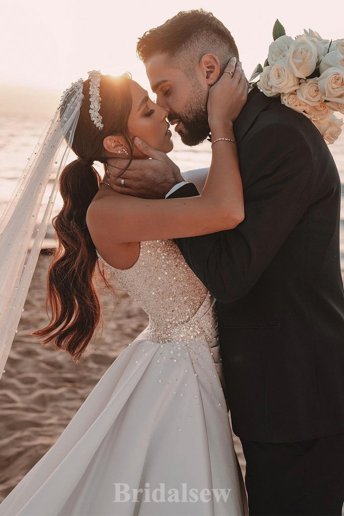 A-line One Shoulder Unique Gorgeous Vintage Dream Beach Elegant Long Wedding Dresses, Bridal Gown WD459