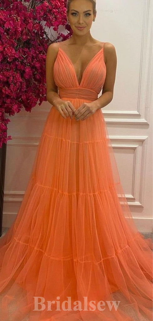 A-line Orange Tulle Spaghetti Straps New Best Modest Formal Long Women Evening Prom Dresses PD901
