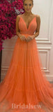 A-line Orange Tulle Spaghetti Straps New Best Modest Formal Long Women Evening Prom Dresses PD901