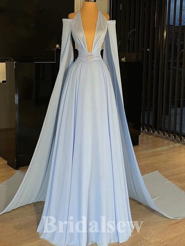 A-line Pale Blue Unique Deep V-Neck New Fashion Long Elegant Party Prom Dresses PD1173