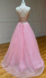 A-line Pink Long Sparkly Sequin Straps Formal Evening Party Prom Dresses PD236