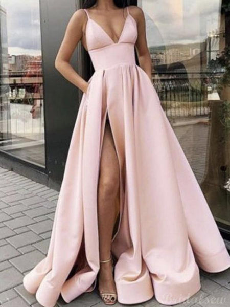 Simple A Line Spaghetti Straps Satin Slit Blush Pink Prom Dress