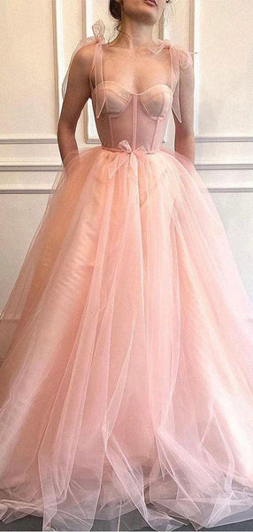 Pretty A line Straps Pink Tulle Long Party Dress Prom Dresses main image 0