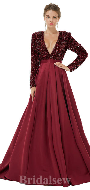 A-line Red Burgundy Pink Sequin Sparkly Giltter Long Sleeves New Long Women Evening Prom Dresses PD838