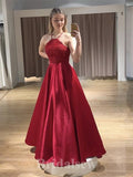 A-line Red Halter Custom Modest Elegant Long Party Evening Prom Dresses PD1331