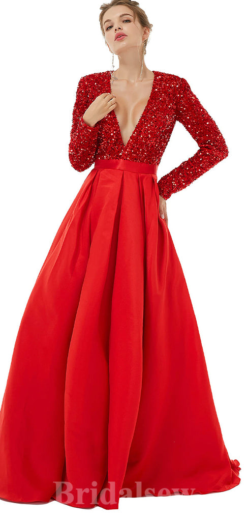 A-line Red Burgundy Pink Sequin Sparkly Giltter Long Sleeves New Long Women Evening Prom Dresses PD838