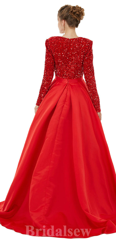 A-line Red Burgundy Pink Sequin Sparkly Giltter Long Sleeves New Long Women Evening Prom Dresses PD838