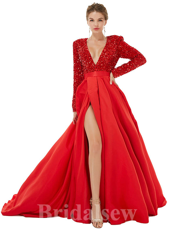 A-line Red Burgundy Pink Sequin Sparkly Giltter Long Sleeves New Long Women Evening Prom Dresses PD838