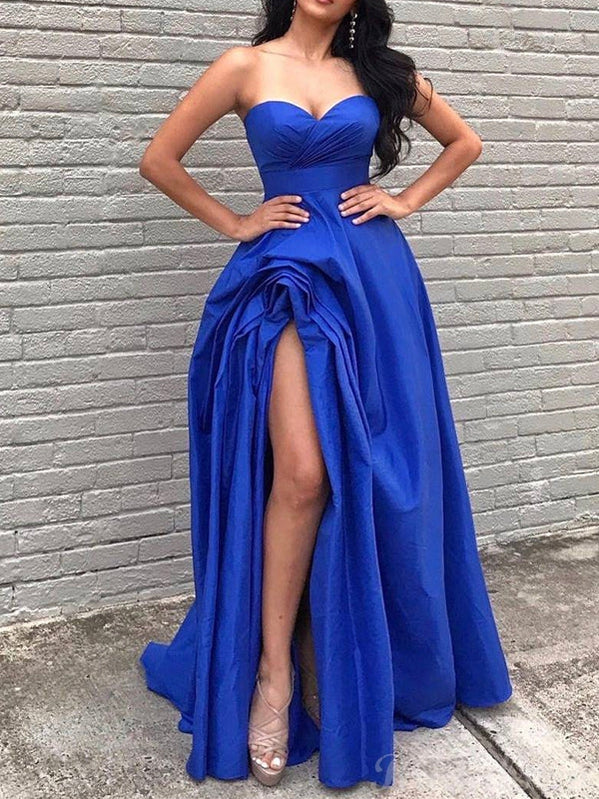 A-line Royal Blue Satin Formal Black Girls Slay Evening Long Prom Dresses, Ball Gown PD518