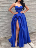 A-line Royal Blue Satin Formal Black Girls Slay Evening Long Prom Dresses, Ball Gown PD518