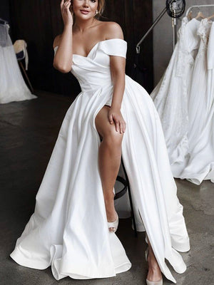 A-line Satin Side Slit Elegant Gorgeous Vintage Wedding Dresses WD055