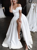 A-line Satin Side Slit Elegant Gorgeous Vintage Wedding Dresses WD055