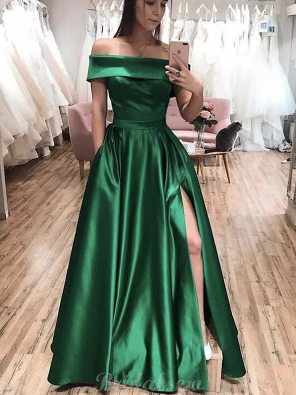 A-line Simple Satin Off the Shoulder Formal Long Prom Dresses, Evening Dress PD433