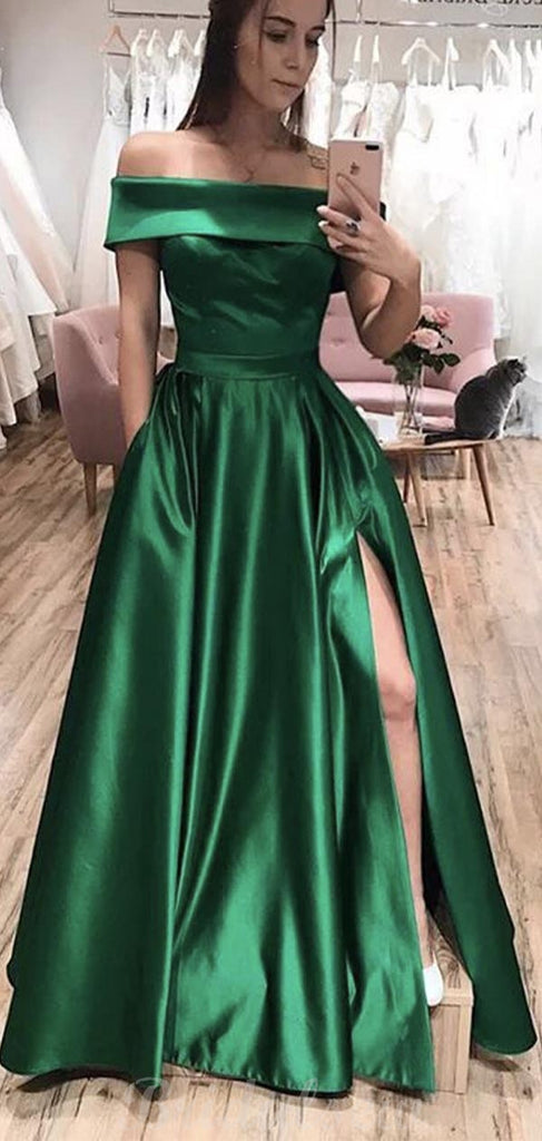 A-line Simple Satin Off the Shoulder Formal Long Prom Dresses, Evening Dress PD433