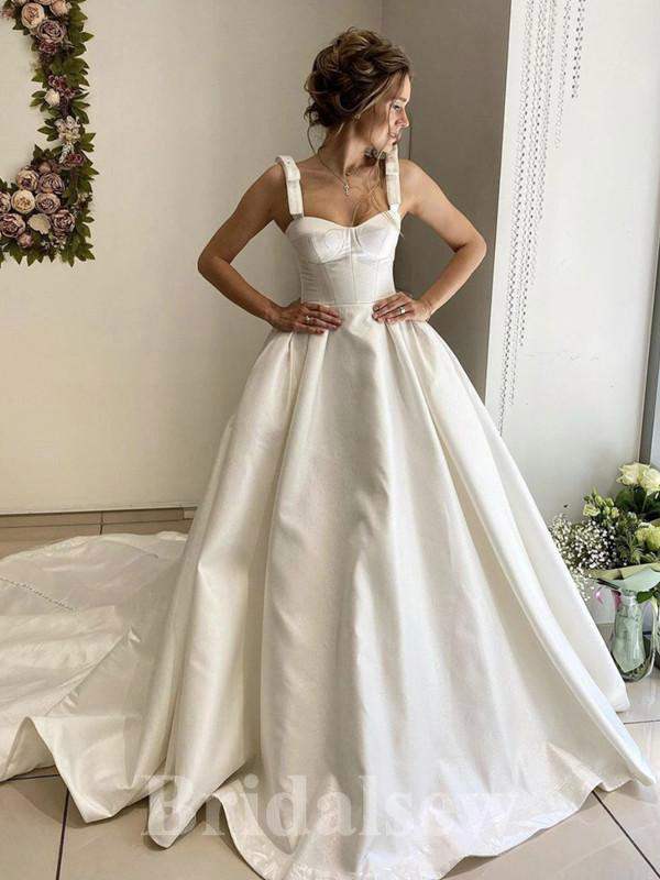 A-line Simple Satin Princess Garden Beach Vintage Long Wedding Dresses, Bridal Gown WD439