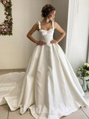 A-line Simple Satin Princess Garden Beach Vintage Long Wedding Dresses, Bridal Gown WD439