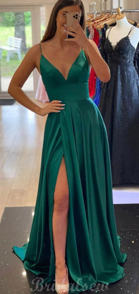 A-line Simple Satin Spaghetti Straps Black Girls Slay Evening Long Prom Dresses PD499